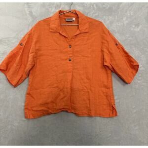 Boxy Linen Popover Shirt Collared Orange Fall Artsy USA Vtg Women’s Medium